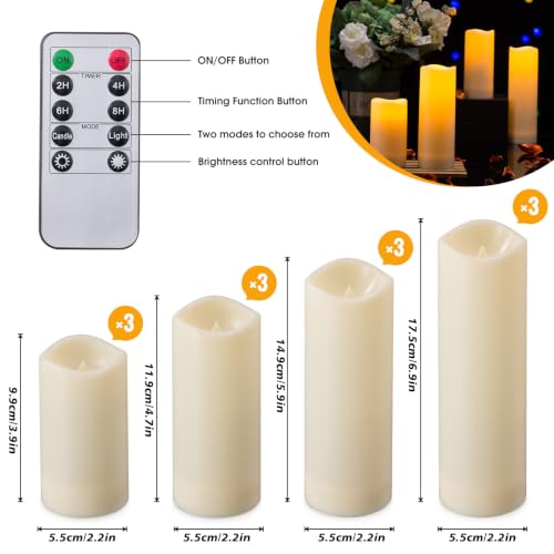 Image of 12-Pack Flameless LED Candles with Remote & Timer, 4 Sizes (3.9 inch to 6.9 inch), Waterproof Outdoor Pillar Candles, Realistic Flame & Steady Light Modes for Wedding, Patio, Party