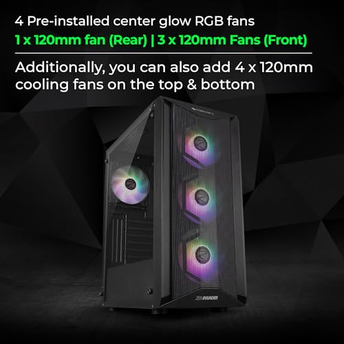 Image of Zebronics Invader Mid-Tower Premium Gaming Cabinet Eatx /ATX /Matx, 3X 120Mm Front + 1X 120Mm Rear Fan, Argb Inner Glow, RGB Led Control, Magnetic Dust Filter(Black) - Tempered Glass