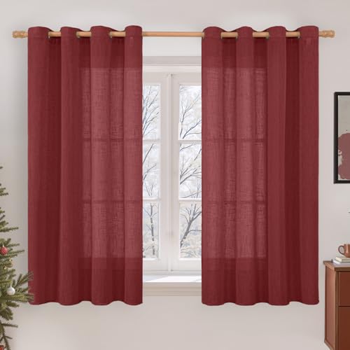Image of LAMIT Semi Sheer Linen Curtains 54 Inches Long for Bedroom, Light Filtering Boho Panels Bronze Grommet Christmas Decor Window Drapes for Windows /Farmhouse, Burgundy Red, 2 Panels, 52 x 54 Inch