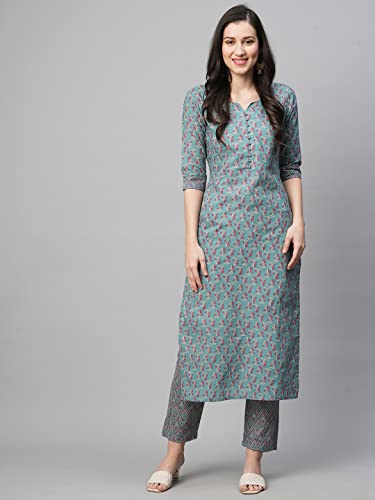 Image of GoSriKi Women's Cotton Blend Printed Straight Kurta With Pant