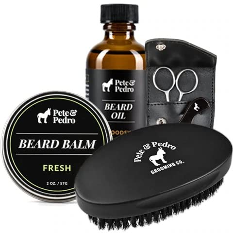Pete & Pedro 4-Piece Beard Care Kit for Legendary Facial Hair - Grooming Styling Set | Beard Care Comb & Scissors Set, Military Oval Brush, Beard Balm, & Beard Oil | As Seen on Shark Tank, 4 PC Set