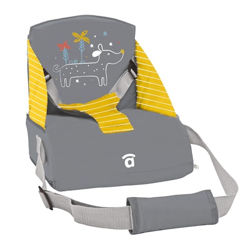 Asalvo BOOSTER CUSCUS Trona de Viaje para bebés hasta 15 kg, Plegable, Arnés de seguridad, bolsillo, Respaldo 25 cm, Perrito Gris