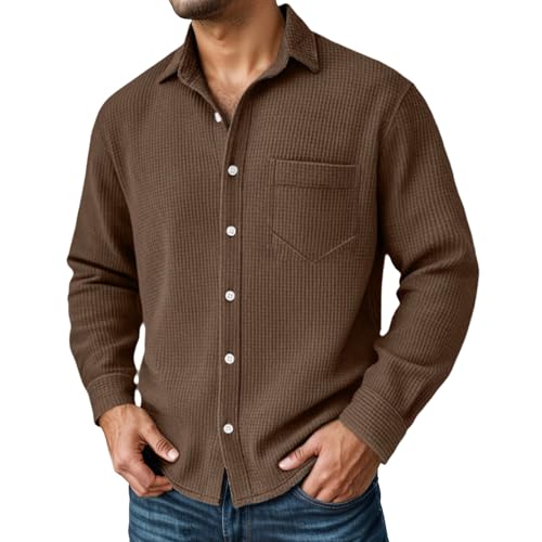 Aniywn Mens Warm Shirts Long Sleeve Button Down Waffle Shirt Jacket Casual Lightweight Overshirts Fashion Tops with Pocket Brown