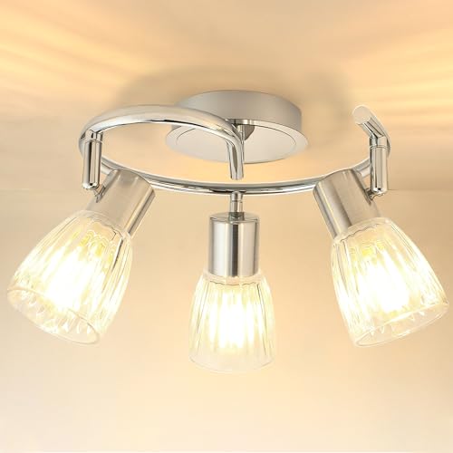 HiBay 3-Light Ceiling Light Fixture, Directional Modern ChromeTrack Lighting w/Glass Shades, Flush Mount Ceiling Spotlight Indoor for Kitchen, Bedroom, Living Room, E12 Base, No Bulbs 3-Ligh