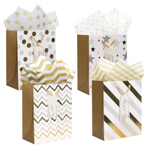 4 Stück Geschenktüten, Geschenktüten mit Henkel, Weiß Gold Geschenktüte mit Schleifenbändern Geburtstag 23x18x10 cm, Geschenktüte 4 Muster für Geschenke Einkaufen Party Hochzeit 4 Stück Geschenktüten, Geschenktüten mit Henkel, Weiß Gold Geschenktüte mit Schleifenbändern Geburtstag 23x18x10 cm, Geschenktüte 4 Muster für Geschenke Einkaufen Party Hochzeit