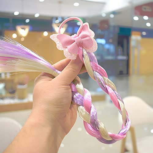 6Pcs Girls Colored Braids Hair Extensions With Rubber Bands, Rainbow Braided Hairpieces Hair Bows Wig Ponytails Kids Favor Diy Hair Accessories For Girls Gift Birthday Party Cosplay Daily Dress Up #TOP3