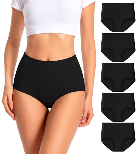 dmuveo Womens Cotton High Waisted Underwear Tummy Control Full Coverage Postpartum Ladies Black Panties C Section Soft Briefs 5 Pack Plus Size 6 Medium