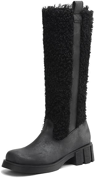 SACFOF Women's Mid Calf Boots Winter Platform Chunky Anti-Slip Western Cowboy Boots Round Toe Cowgirl Snow Boots