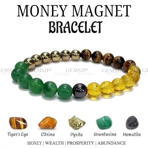 Image of Certified Money Wealth Bracelet With Lab Certificate, Pyrite, Green Aventurine, Citrine, Hematite, Tiger Eye Stone For Attracting Money, Financial Success, Good Luck, Crystal Healing Natural Money Magnet Prosperity Gemstone Crystal