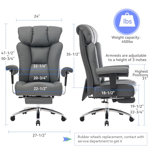 Efomao Big and Tall Office Chair 450LBS with Foot Rest, High Back PU Leather Executive Chair with Adjustable Padded Armrests, Lumbar Support for Home or Work, Heavy Duty Computer Chair, Grey