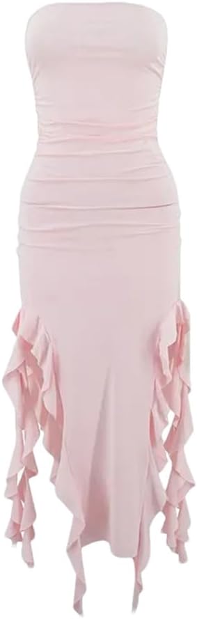 Women's Irregular Ruffle Edge Patchwork Pleated Sleeveless Strapless Dress