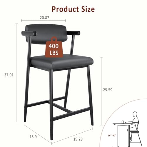 Image of GarveeHome Bar Stools Set of 2, 26.5 in Upholstered Counter Height Bar Stools for 2 with Armrest, Wider Thickened Cushion, Bar Chairs with Backrest for Bar, Dining Room, Kitchen, Retro Black