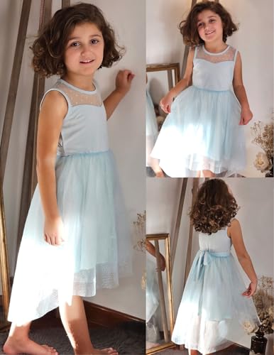 Image of Arshiner Girls Dresses Formal Party Wedding Tulle Sleeveless Contrast Mesh High Low Dress with Belt