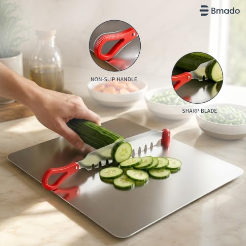 Image of Bmado 304 Stainless Steel Cutting Board with Vegetable Cutter | Premium Food Grade Countertop Chopping Board for Vegetables, Fruits & Bread | Heavy Duty, Durable, Safe | 310 x 340 x 1.3 mm