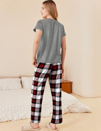 Image of Ekouaer Pajama Sets for Women Round Neck Pjs Short Sleeve Sleepwear with Long Pants Loose Lounge Sets