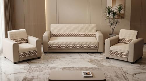 Image of Beige Velvet Sofa Mat, 3+1+1 Set | Full Cover for Seat & Back, Anti-Skid, Machine Washable