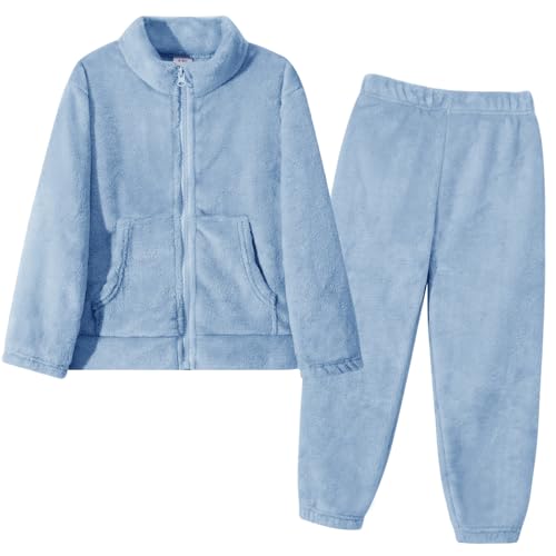 Valcatch Girls Boys Flannel Tracksuit, Kids Fall Winter Fuzzy Sweatsuit Set, Soft Warm Plush Fleece Clothes Sets, 2 Piece Outfit Zip Up Mock Neck Sweatshirt Jacket+Jogger Pants Clothing Light Blue