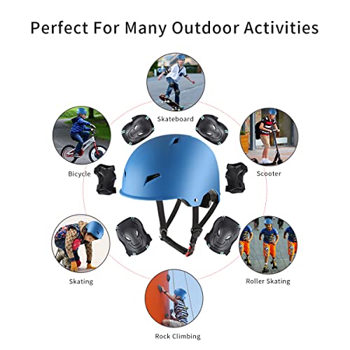 Kids Skateboard Bike Helmet Pad Set For Age 5-8-11,Adjustable Knee Elbow Pads Wrist Guards Protective Gear Skating Helmets Set Teens For Bicycle Cycling Scooter Bicycle M(20"-22" Head) #TOP6