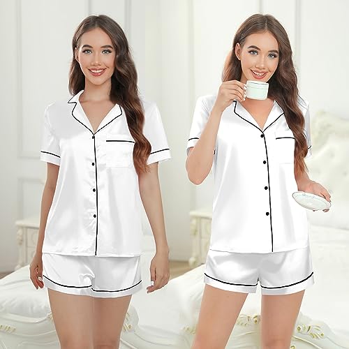 Image of Silk Pajamas for Women Satin Womens Pajama Sets Short Sleeve Lounge Set 2-Piece Sleepwear Notch Collar Button-Down PJ Set (White, S)