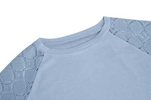 Apbondy Girls Long Sleeve Shirts Casual Crew Neck Lace Loose Blouse Tops Blue #TOP2