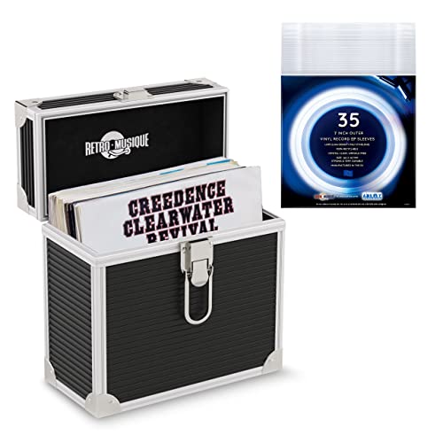 Retro musique Aluminium 7 Vinyl Record EP Storage Case Holds up to 35 EPs (in PVC Sleeves) Includes 35 Vinyl Record Outer Sleeves (Black)