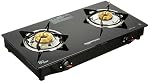 Amazon Basics 2 Burner LPG Gas Stove with Toughened Glass-top | ISI APPROVED | Tri-pin Brass Burners with spill-proof and easy-clean design | Anti-skid legs (Black)