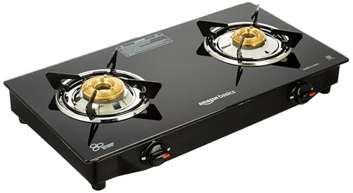 Image of Amazon Basics 2 Burner LPG Gas Stove with Toughened Glass-top | ISI APPROVED | Tri-pin Brass Burners with spill-proof and easy-clean design | Anti-skid legs (Black)