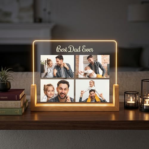Image of Giftplease Personalized Best Dad Ever Acrylic LED Photo Lamp with Wooden Base | Custom Photo Night Light for Dad | Fathers Day Gift, Birthday Gift for Father, Personalized Desk Decor