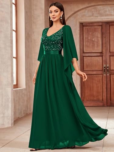 Image of Miusol Women's Deep-V Neck Lace Contrast Sequin Formal Evening Maxi Dress