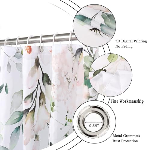 Caheansi Spring Shower Curtain, Sage Green Eucalyptus Leaf Pink Watercolor Floral Botanical Plants Bathroom Curtain Waterproof Fabric Machine Washable with Hooks, 72" Wx72 L by Caheansi - Used condition - Image 5