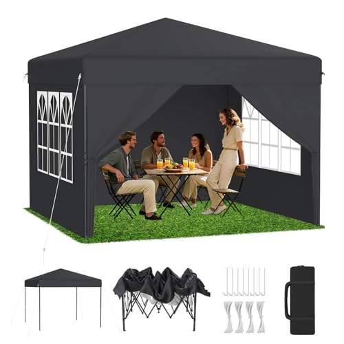 LZQ Premium Pop-Up Pavillon 2,5×2,5 m mit One-Touch Lift, Faltpavillon Gartenpavillon Partyzelt Faltbar mit 3-Fach Höhenverstellung 240-260cm, Klappzelt mit Seitenwände & Tragetasche, Anthrazit