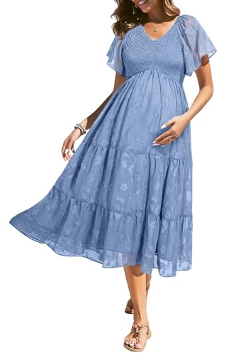 Image of Pinup Fashion Maternity Summer Dress Baby Shower Easter Pregnancy A-Line | Smocked V-neck, flutter sleeves, breathable floral fabric, bump friendly, perfect for photoshoot, spring casual,postpartum