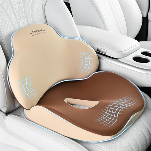 Image of Coverado Seat Cushion and Lumbar Support Pillow for Car Office Chair, Ergonomic Memory Foam Desk Chair Cushion Back Support Pillow, Sciatica & Back & Tailbone Pain Relief Cushion-Beige
