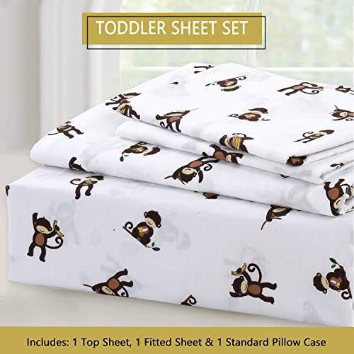 Image of Cozy Line Home Fashions 100 Cotton 3 Piece Toddler Sheet Set, Soft Breathable Crib Bedding Set for Boys Includes a Flat Sheet, a Fitted Sheet, a Pillowcase, Monkey Around Jungle Bananas