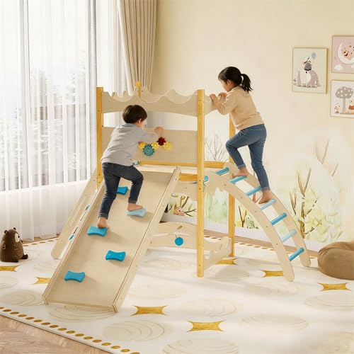 Garvee Indoor Jungle Gym,6-in-1 Wooden Kids Climbing Toys,Wooden Montessori Climbing Set with Slide,Climbing Rock & Net,Ladder,Rest Area and Circle La