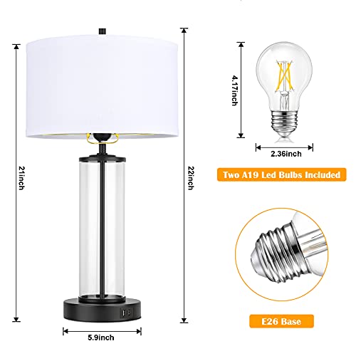 Modern Touch Control Dimmable Table Lamps With 2 Usb Ports For Living Room Set Of 2, 3-Way Dimmable Bedside Lamps With White Fabric Drum Shades For Reading Bedroom Nightstand Hotel, Led Bulbs Included #TOP5