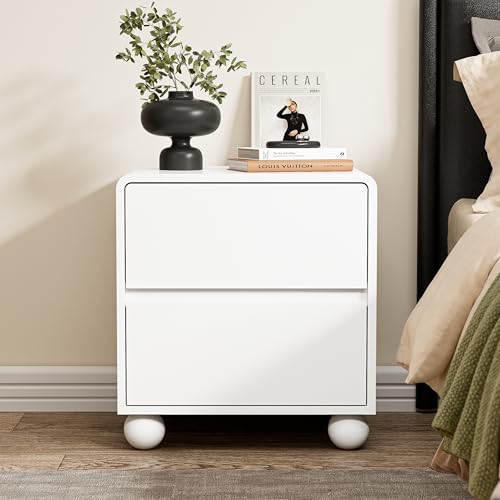 Image of Furniway White Nightstand Set of 2, Modern 2 Drawer Bedside Table with Curved Profile Design and Handle-Free Drawers, Modern End Table with Storage for Bedroom