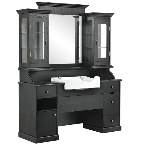 DIR Barber Station with Sink Beauty Styling Station and Sink Combination MOHEGAN, Ash Black