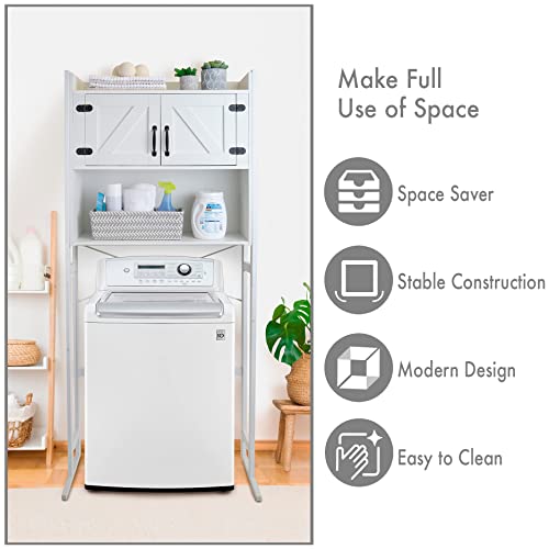 Over The Washer or Over The Toilet Storage Cabinet w/Height Adjustable Shelf Laundry Room/Bathroom Organizer Rack, 2-Door Freestanding Rack Space Saver, White