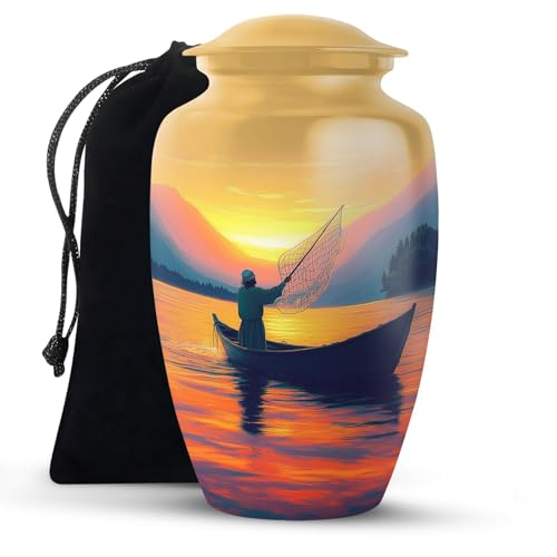 KARYLIZ Urn for Ashes Adult Male Fishing - Funeral Cremation Large Urn for Ashes Adult Male - Sunset Urns for Human Man - Orange Decorative Urns for Female - Memorial for Mom & Dad - 10 Inch