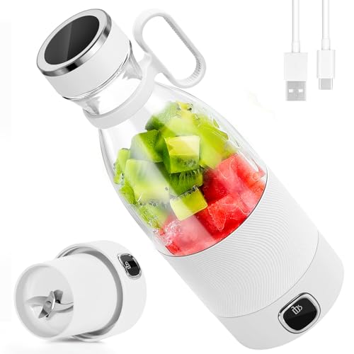 DoubleCare Tragbarer Mixer, 6-Klingen-Elektrischer Mini-Mixer mit Led-Anzeige, 350 ml Minimixer für Shakes und Smoothies, 3000mAh Aufladbatterie,Für Familie, Outdoor, Sport und Reise,Weiß