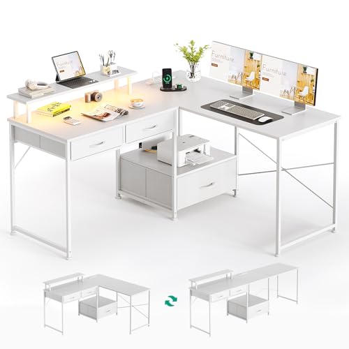 MUTUN 50.4' L Shaped Desk with Power Outlet & LED Light, Computer Desk with Drawers and Printer...