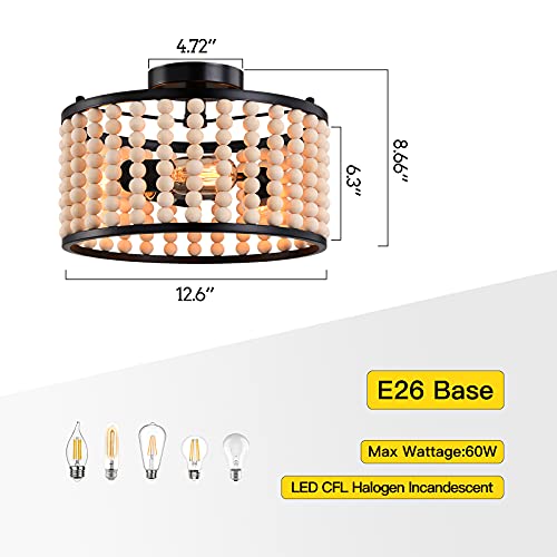 Farmhouse Boho Light Fixture, 3-Light Wood Beaded Chandelier, Black Semi Flush Mount Ceiling Light For Dining Room, Kitchen, Hallway, Bedroom, Living Room #TOP2