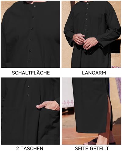 YAOHUOLE Herren Kaftan Lang Thobe Herren Leinen Robe Männer Schwarz 2XL