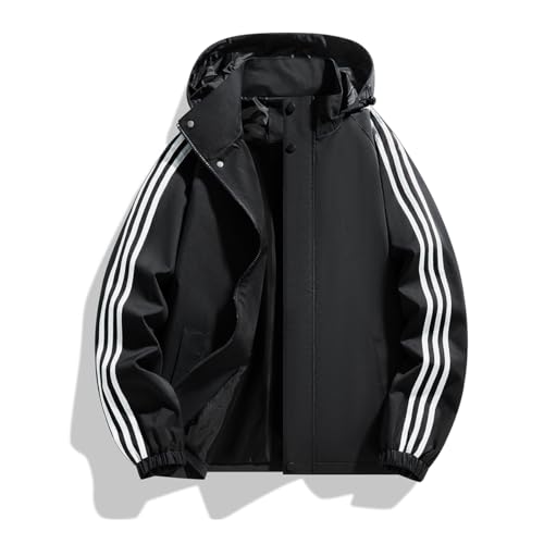 LANZIYAYA Men's Printed Arms Three Bar Windbreaker Jacket With Hooded Casual Zipper Jacket (US, Alpha, Medium, Regular, Short, black)