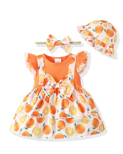 Image of SUNNY PIGGY Baby Girl Clothes 0-3 Months Newborn Dress Summer Set Infant Outfits Sleeveless Floral Headband+Hat Overall Skirt Set Orange