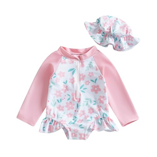 Carolilly Traje de baño Anti-UV Bebé Niña Masajes Largos Traje de baño Piscina de una pieza con volantes Swimwear Impreso con Sombrero, Rosa Claro Florido, 9-12 Meses