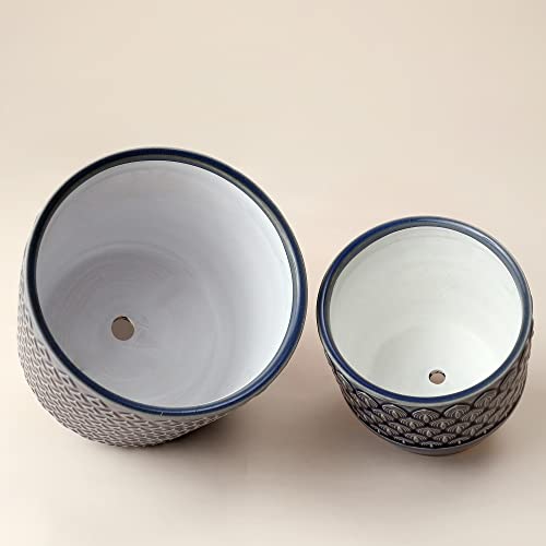 La Jolie Muse Ceramic Planter Set Of 2 - 6.3 Inch Peacock Feather Pattern Embossed Flower Pot W/ Drain Hole For Indoor, Peacock Blue #TOP4