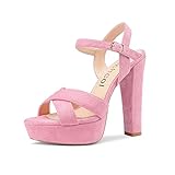 Aachcol Women Platform Ankle Strap Sandals Peep Open Toe Chunky Block High Heel Slingback Wedding Party Dress Shoes 5 Inches, Pink Suede, 8