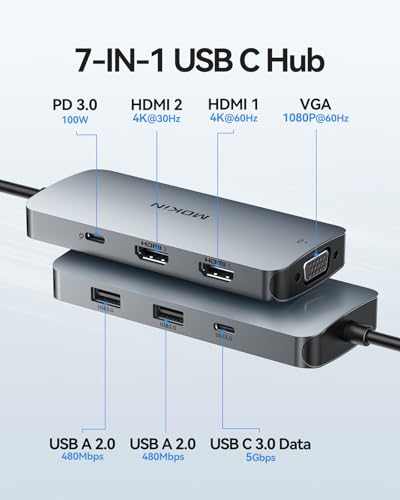 MOKiN Stacja dokująca do laptopa, 7 w 1 USB C na HDMI, podwójny adapter USB C do stacji dokującej do MacBooka Hub z 3 portami USB, PD do Dell XPS 13/15